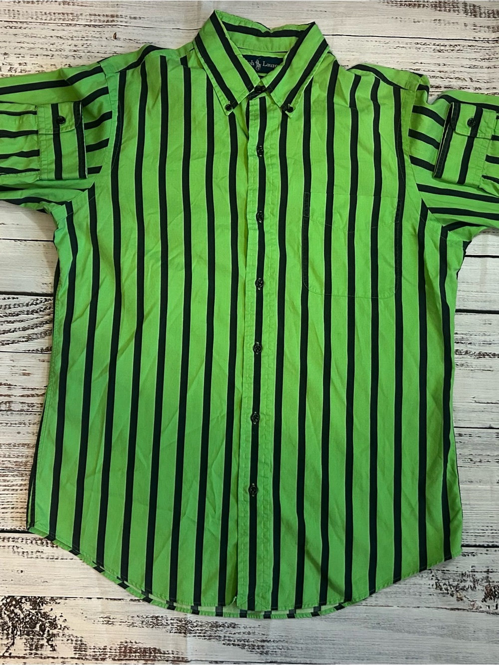 VTG Ralph Lauren Silk Cotton Striped Button Down Shirt Medium Green Black Custom